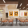 Modern Restaurant Kitchen Interior With Open Dining Area Tables Chairs Menu Posters And Wooden Ceiling