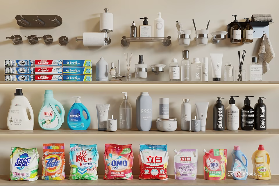 Household Cleaning And Daily Essentials Collection With Various Detergents Soaps And Supplies 3d model 