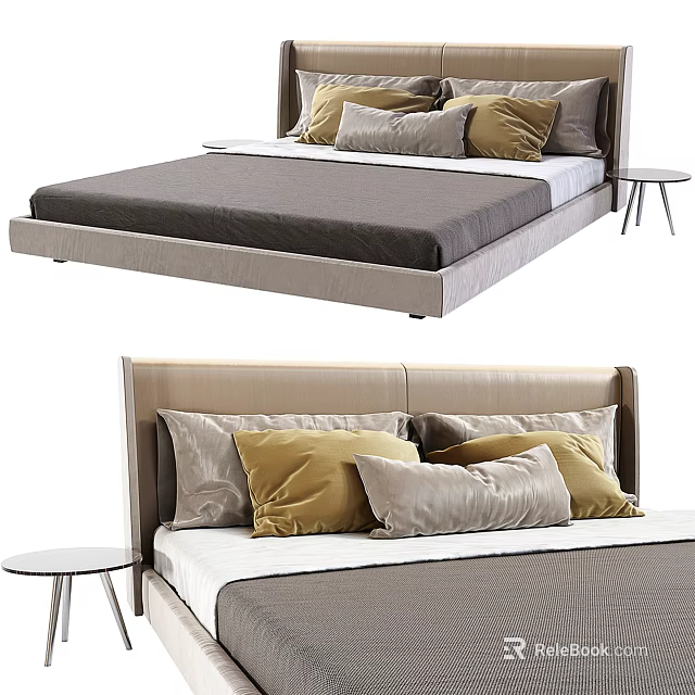 Double Bed with Upholstered Headboard Yellow Grey Decorative Pillows and Side Table 3d model