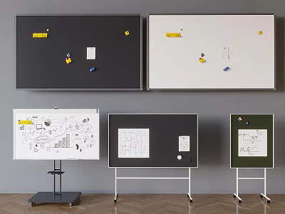 Different Types of Whiteboards and Bulletin Boards Wall Mounted Freestanding with Notes and Charts 3d model