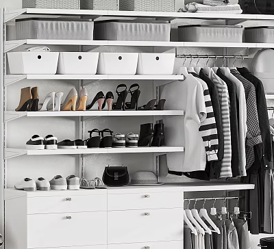 Organized Wardrobe With Gray And White Storage Boxes Various Shoes Hanging Garments And Drawers 3d model