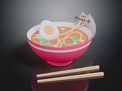 Adorable Cat Licking Ramen Noodles In Pink Bowl With Egg Green Onions And Chopsticks 3d model
