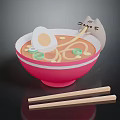 Adorable Cat Licking Ramen Noodles In Pink Bowl With Egg Green Onions And Chopsticks