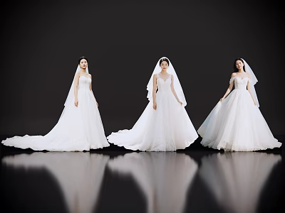Three Women In White Wedding Dresses Standing Against Black Background With Floor Reflections 3d model