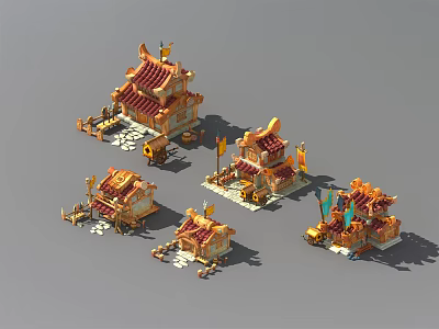 Cartoon Ancient Chinese Buildings 3D Rendered With Red Golden Roofs Curved Eaves Multiple Small Structures 3d model
