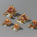 Cartoon Ancient Chinese Buildings 3D Rendered With Red Golden Roofs Curved Eaves Multiple Small Structures