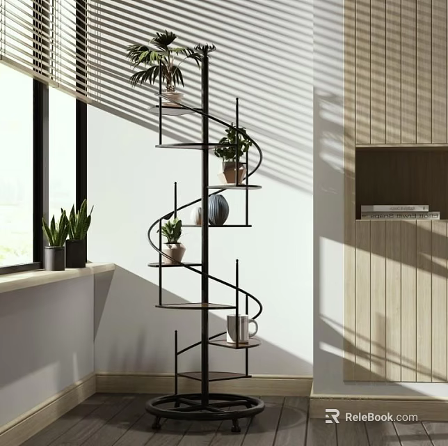 Spiral Shelving Unit Near Window In Bright Room With Potted Plants Mug And Decorative Items 3d model 