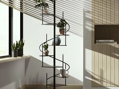Spiral Shelving Unit Near Window In Bright Room With Potted Plants Mug And Decorative Items 3d model