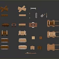 Wooden Miniature Models Collection Featuring Carts Boxes And Small Tools 3d model