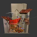 Traditional Food Stall With Red Roof Hanging Local Snacks And Colorful Decorations