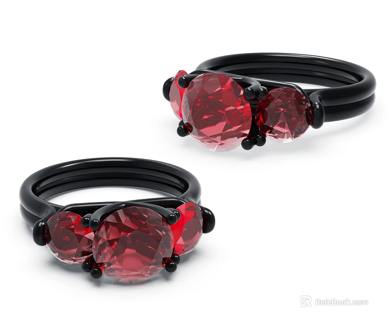 Elegant Black Rings With Red Gemstones For Modern Jewelry Collection 3d model 