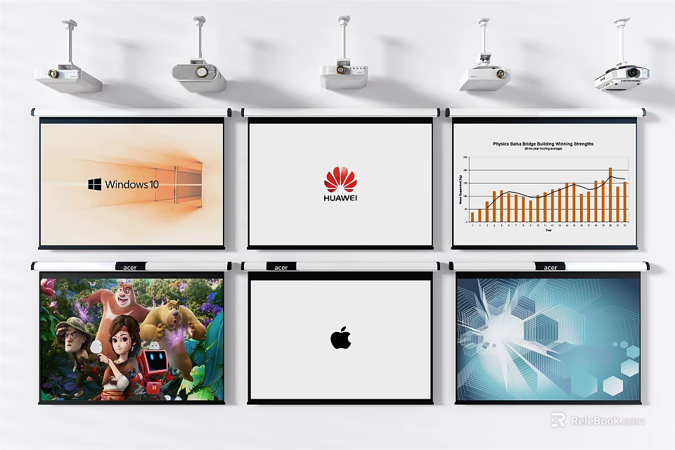 Projection Monitoring System With Multiple Screens Showing Different Animated Logos Charts And 3d model 