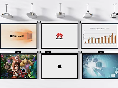 Projection Monitoring System With Multiple Screens Showing Different Animated Logos Charts And 3d model