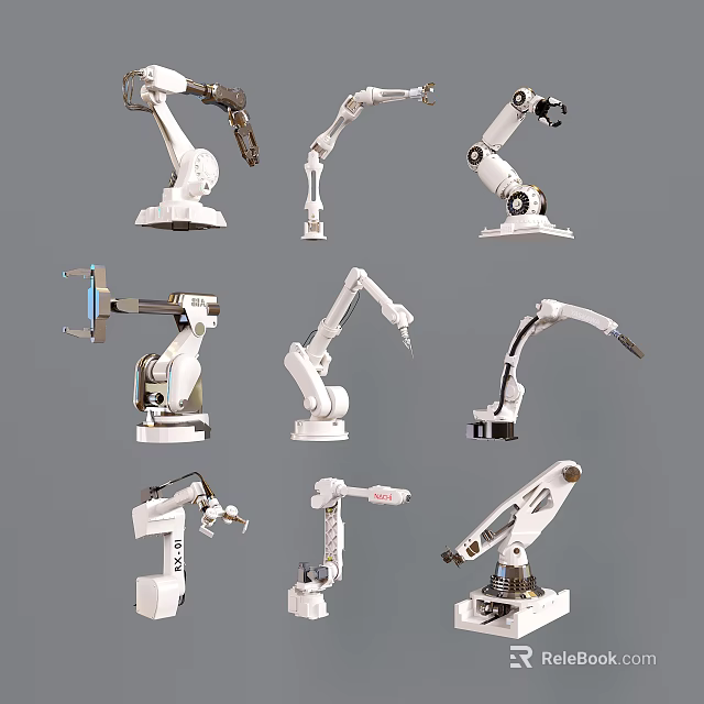 Smart Industrial Robotic Arms With Various Poses And White Mechanical Design 3d model 