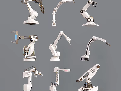 Smart Industrial Robotic Arms With Various Poses And White Mechanical Design 3d model