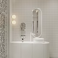 Modern Hotel Bathroom With Oval Backlit Mirror Wall Sconces White Countertop And Grid Tile Walls