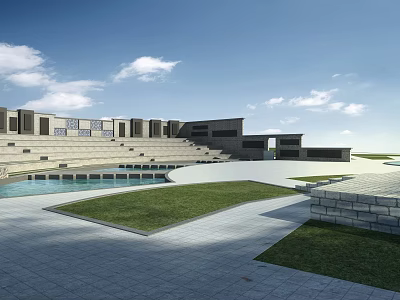 Modern Architectural Outdoor Space with Terraced Steps Swimming Pool and Grass Areas 3d model