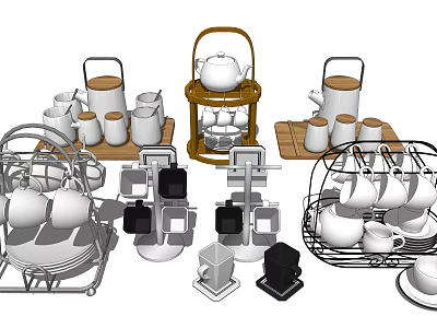 Various Tea Cups And Teapot Collection With Wooden Metal Display Racks 3d model