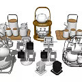 Various Tea Cups And Teapot Collection With Wooden Metal Display Racks