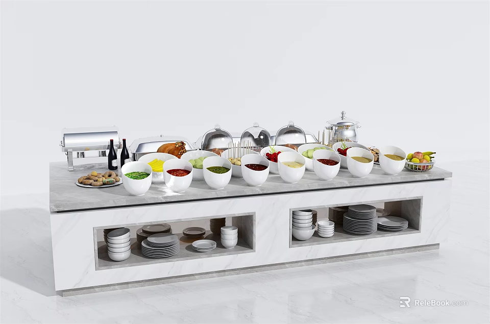 Buffet Table Display With Assorted Foods Drinks And Tableware On Marble Countertop 3d model