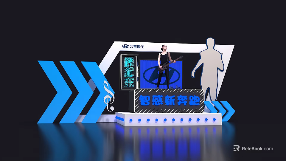 Futuristic Stage Art Installation With Blue Arrows Musician Silhouette And New Experience 3d model 