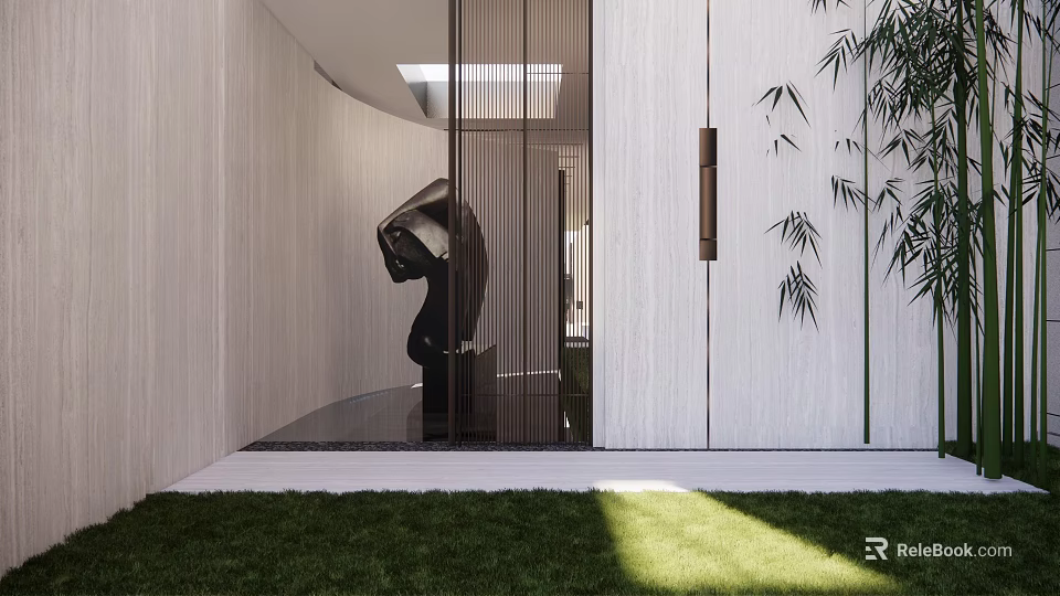 Contemporary Garden Landscape Design With Green Lawn Bamboo Sculpture And Sunlight 3d model 