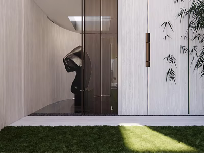 Contemporary Garden Landscape Design With Green Lawn Bamboo Sculpture And Sunlight 3d model