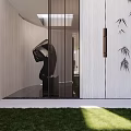 Contemporary Garden Landscape Design With Green Lawn Bamboo Sculpture And Sunlight