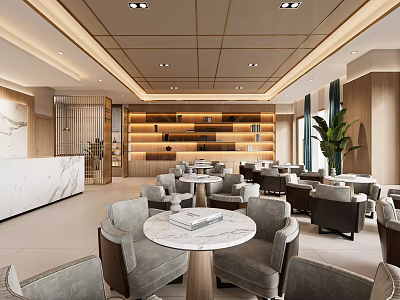 Modern Hotel Lobby Interior With Marble Reception Desk Wooden Shelves And Green Plants 3d model