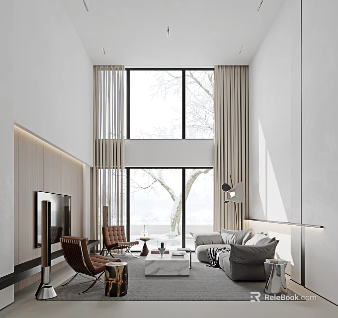 Modern Loft Living Room With High Ceiling Large Windows And Minimalist Furniture 3d model 