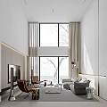 Modern Loft Living Room With High Ceiling Large Windows And Minimalist Furniture