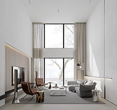 Modern Loft Living Room With High Ceiling Large Windows And Minimalist Furniture 3d model