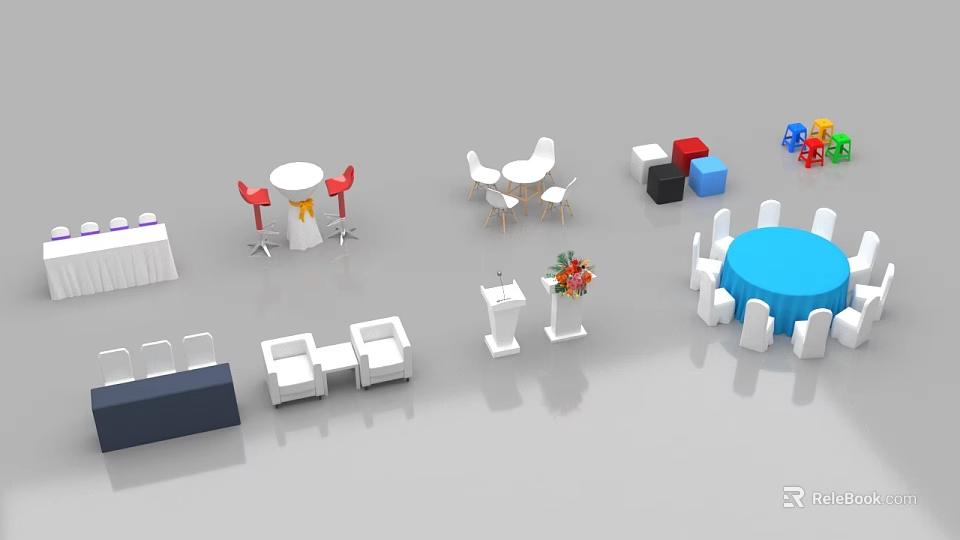 Various Event Furniture Including Tables Chairs Sofas Podium and Decor Items 3d model 