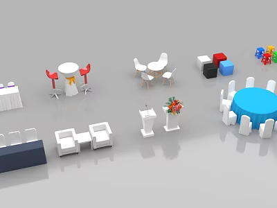 Various Event Furniture Including Tables Chairs Sofas Podium and Decor Items 3d model