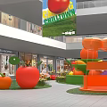 Interactive Zone With Giant Tomato Orange Cherry Sculptures Flowers And Mall Area