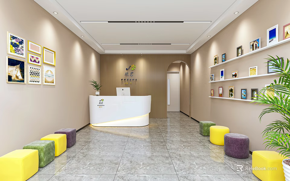 Bright Kindergarten Lobby With White Reception Desk Colorful Stools Bookshelves And Decorative Paintings 3d model 
