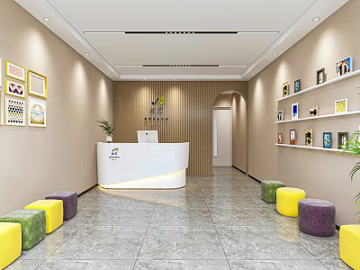 Bright Kindergarten Lobby With White Reception Desk Colorful Stools Bookshelves And Decorative Paintings 3d model