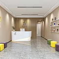 Bright Kindergarten Lobby With White Reception Desk Colorful Stools Bookshelves And Decorative Paintings