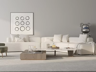 Modern Sofa And Coffee Table Set With Circular Wall Art Green Accent Chair Silver Decor 3d model
