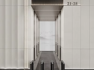 Minimalist Modern Elevator Lobby With Sleek Walls And Number 21-28 3d model