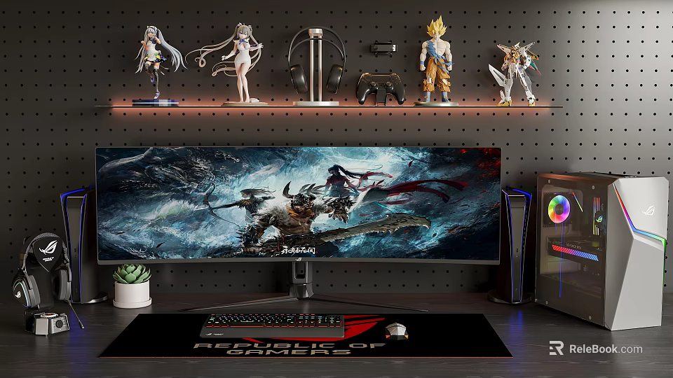 Gaming Computer Setup With Large Curved Monitor RGB PC Case Headphones And Anime Figurines 3d model 