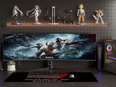 Gaming Computer Setup With Large Curved Monitor RGB PC Case Headphones And Anime Figurines 3d model