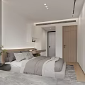 Modern Bedroom Interior Design with Neutral Wall Gray Bedding White Cabinets and Patterned Rug 3d model