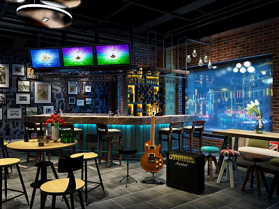 Modern Bar Interior Featuring Brick Wall Neon Lights Guitar And Bar Counter Stools 3d model