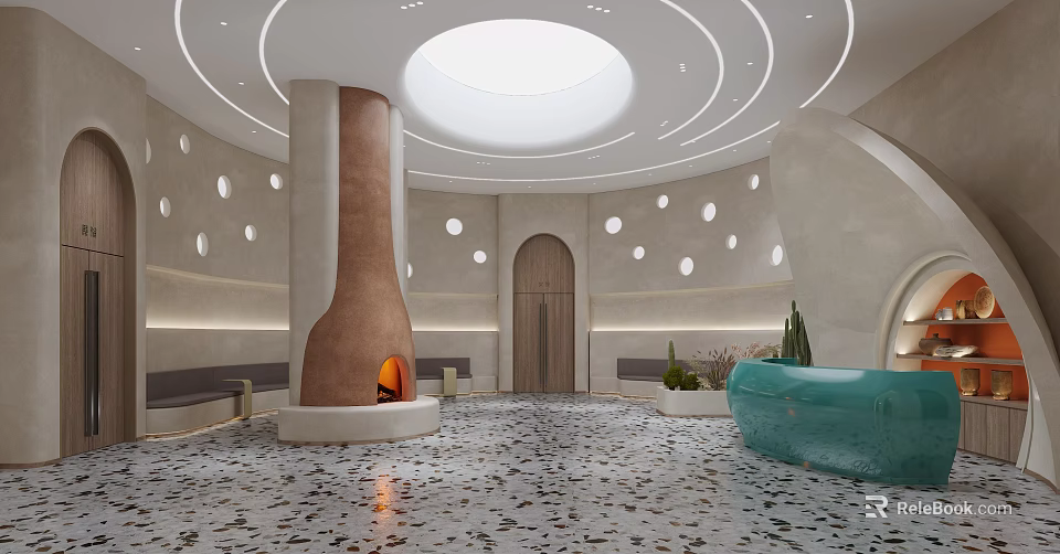 SPA Sauna Interior Featuring Circular Ceiling Skylight Ring Light Strips Arched Door And Terrazzo Floor 3d model 