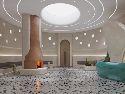 SPA Sauna Interior Featuring Circular Ceiling Skylight Ring Light Strips Arched Door And Terrazzo Floor 3d model
