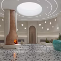 SPA Sauna Interior Featuring Circular Ceiling Skylight Ring Light Strips Arched Door And Terrazzo Floor