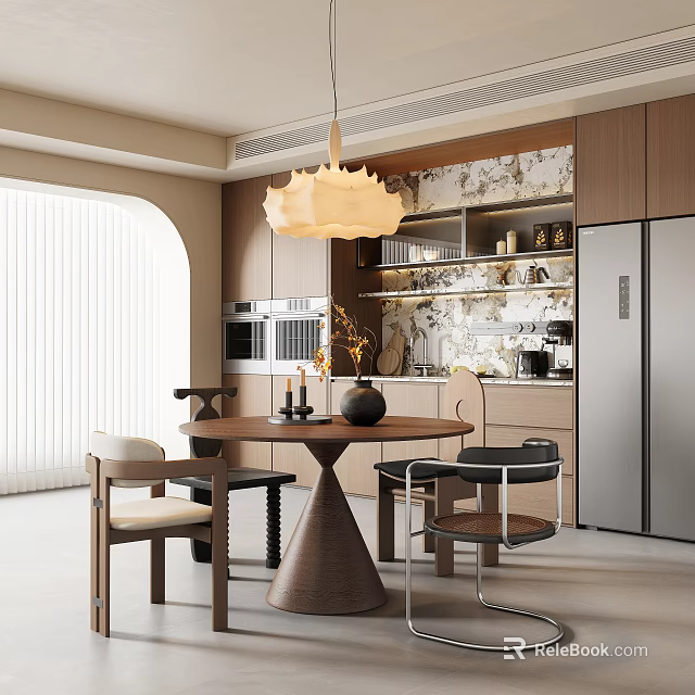 Modern Restaurant Interior Design With Dining Table Chairs Chandelier Marble Wall And Wooden Cabinets 3d model 