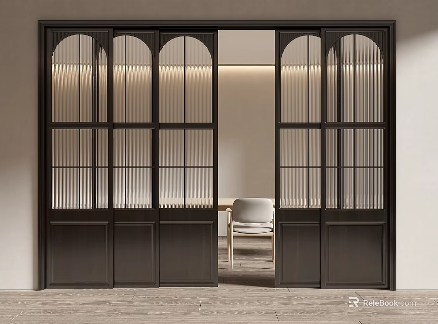 Modern Black Framed Sliding Doors with Arched Glass Grid Design for Interior Home Office 3d model 