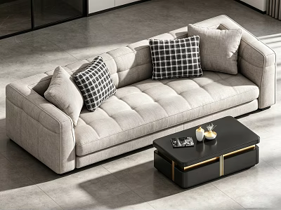 Beige Casual Sofa Set with Checkered Pillows and Black Coffee Table in Modern Living Room 3d model
